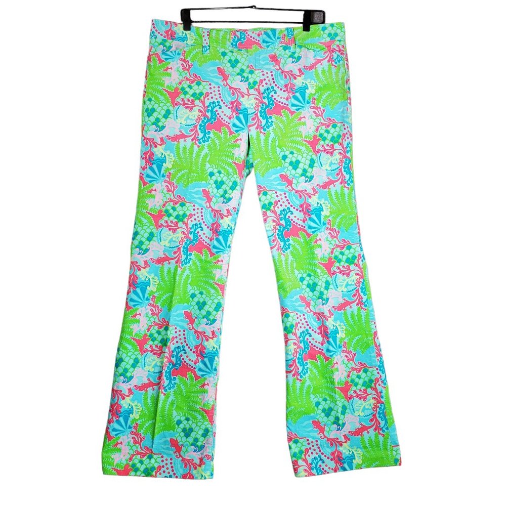 Lilly Pulitzer sz 14 Corduroy Green Pink Blue Gecko Wide Leg Pants